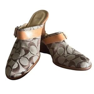 Coach Bethany Logo‎ Canvas Leather Trim Wedge Mules Size 6.5 $170 NWT Brown/Tan